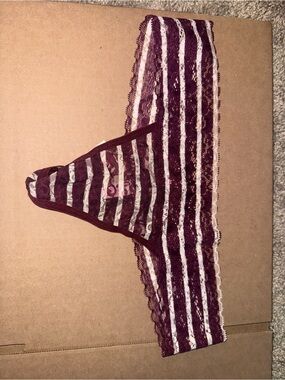 PINK Victoria's Secret Burgundy and White Striped Lace Thong
